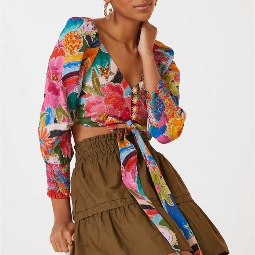 Farm Rio Anthropologie Women Cotton Crop Top Small Fruit Patchwork Tie Front